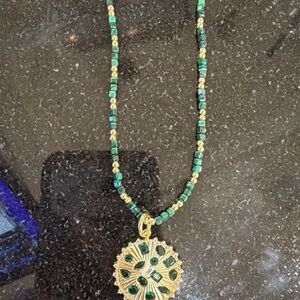 Gold and Emerald Green Pendant Necklace - Women Jewelry